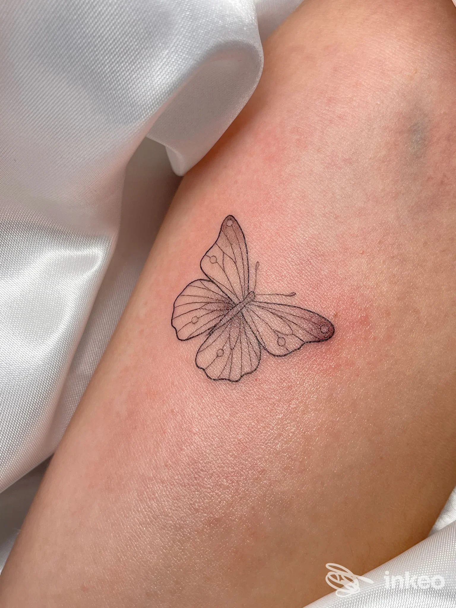 Piccolo tatuaggio a linee sottili di una farfalla sulla parte interna dell'arto superiore. AMA.TE Tattoo Studio, Villafranca di Verona.