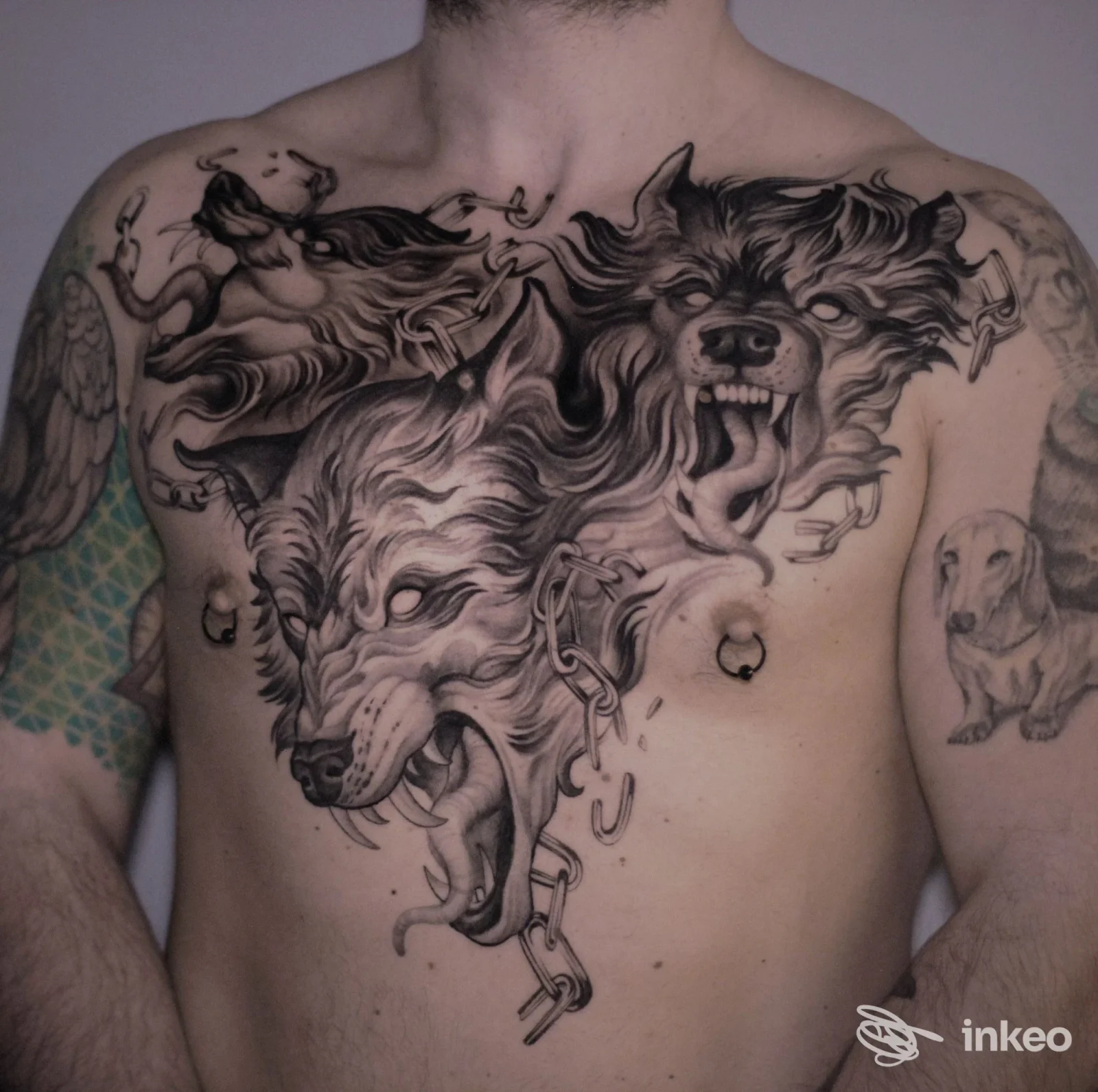 Grande tatuaggio a più teste di lupo sul petto, lavoro in bianco e nero, Floating Flame Tattoo Gallery, Trani.