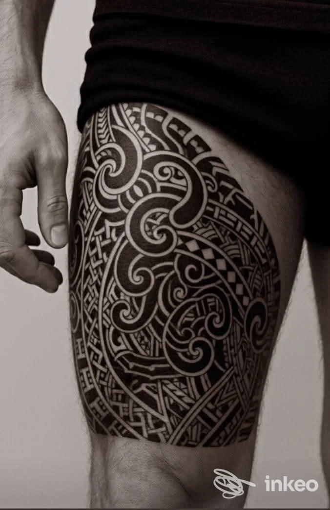 Ampio tatuaggio nero su coscia maschile, fotografia in primo piano. Ale Tattoo, Valenzano.