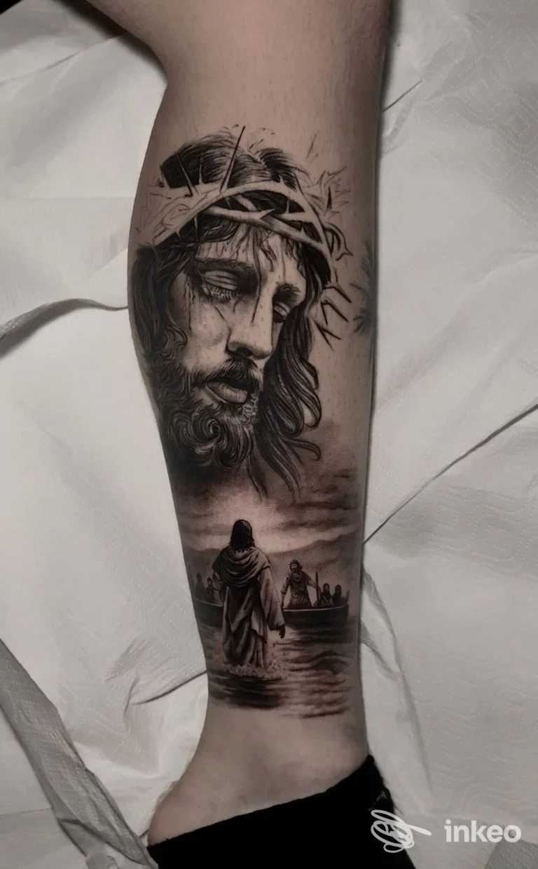 Tatuaggio realistico in bianco e nero sul polpaccio: volto di Cristo e scena con barca. Free Spirit Ink Matteo Spada, Decimomannu.