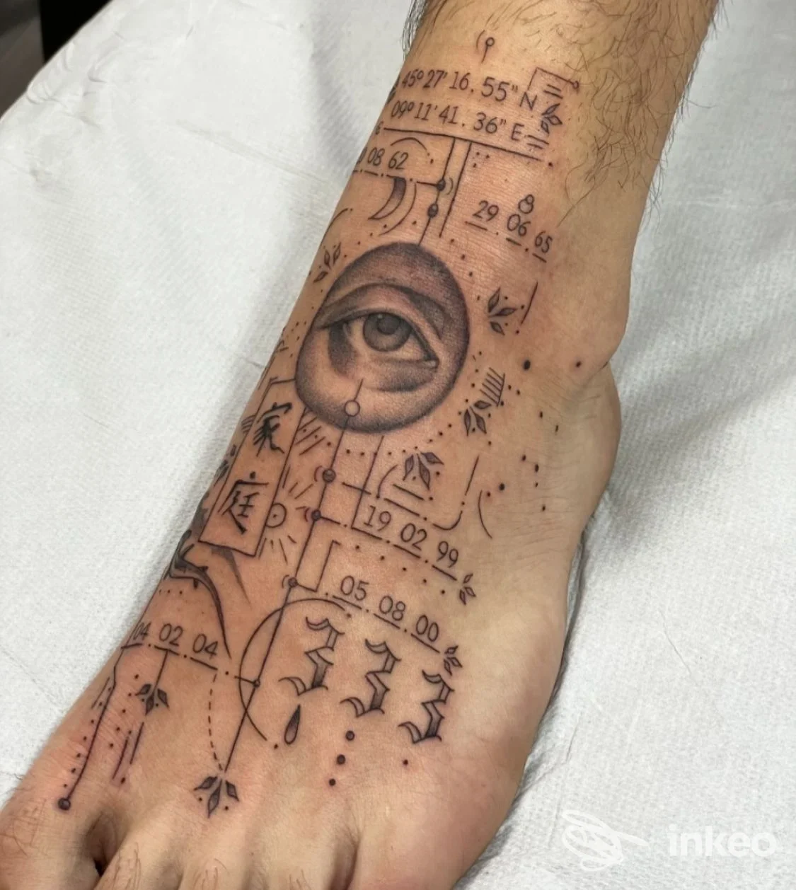 Tatuaggio sul dorso del piede con occhio realistico e linee geometriche, foto dallo studio Arona Ink ad Arona.