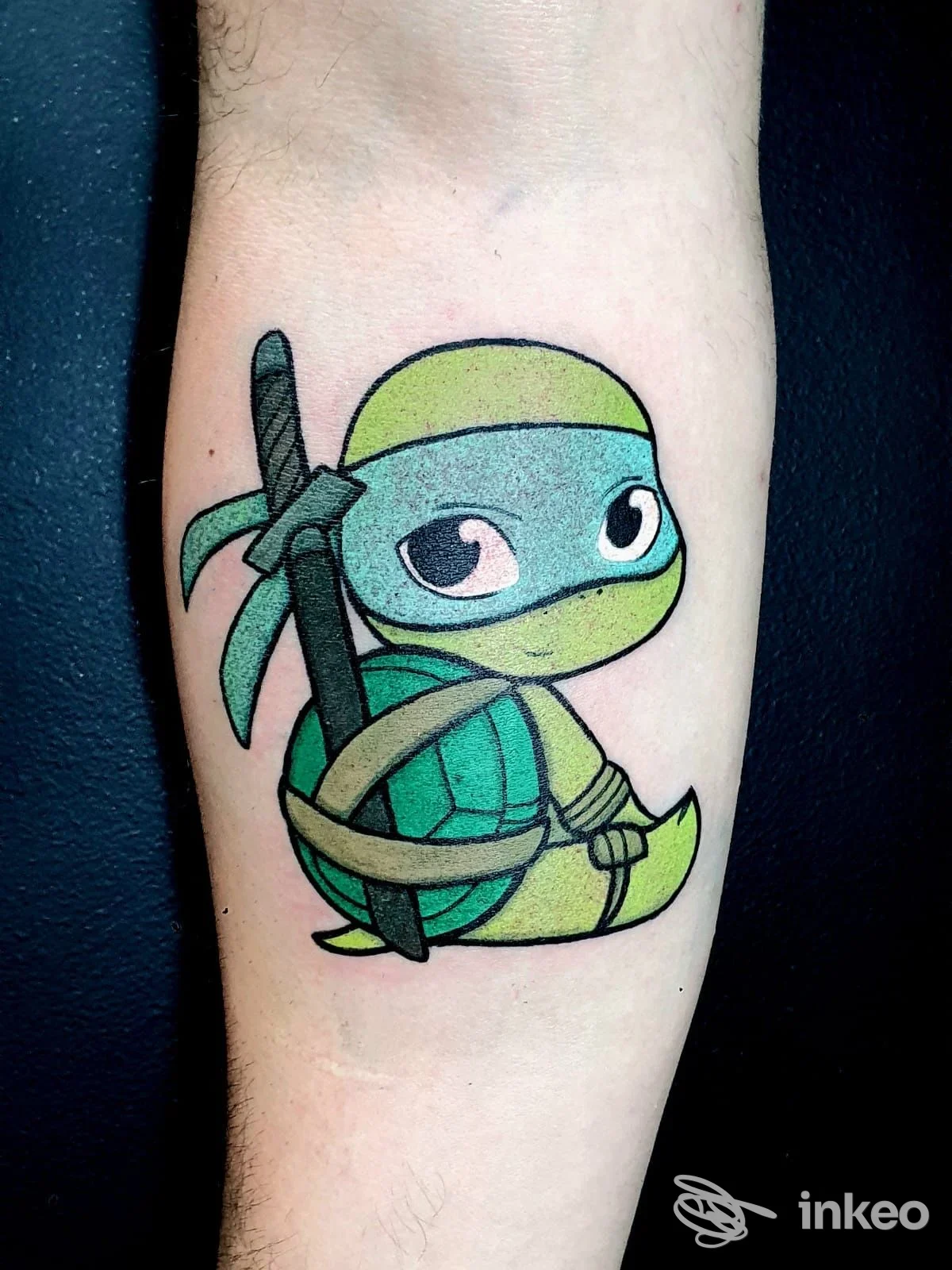 Tatuaggio colorato a tema tartaruga in stile cartoon sull'avambraccio; Purple Snake tattoo studio, Aprilia.