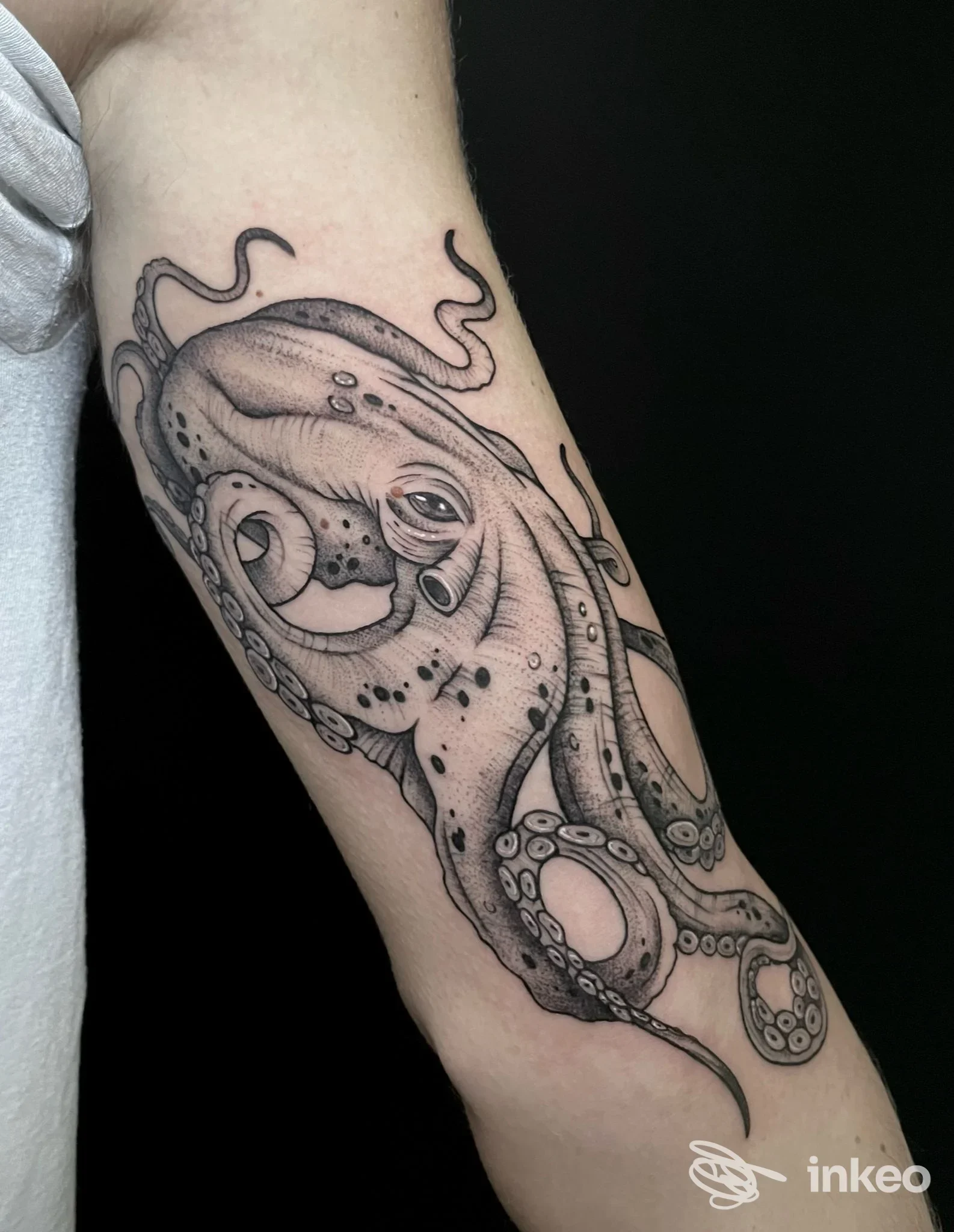 Tatuaggio di un grande polpo in bianco e nero sull'avambraccio, foto fornita da Paradox Ink a Viareggio.