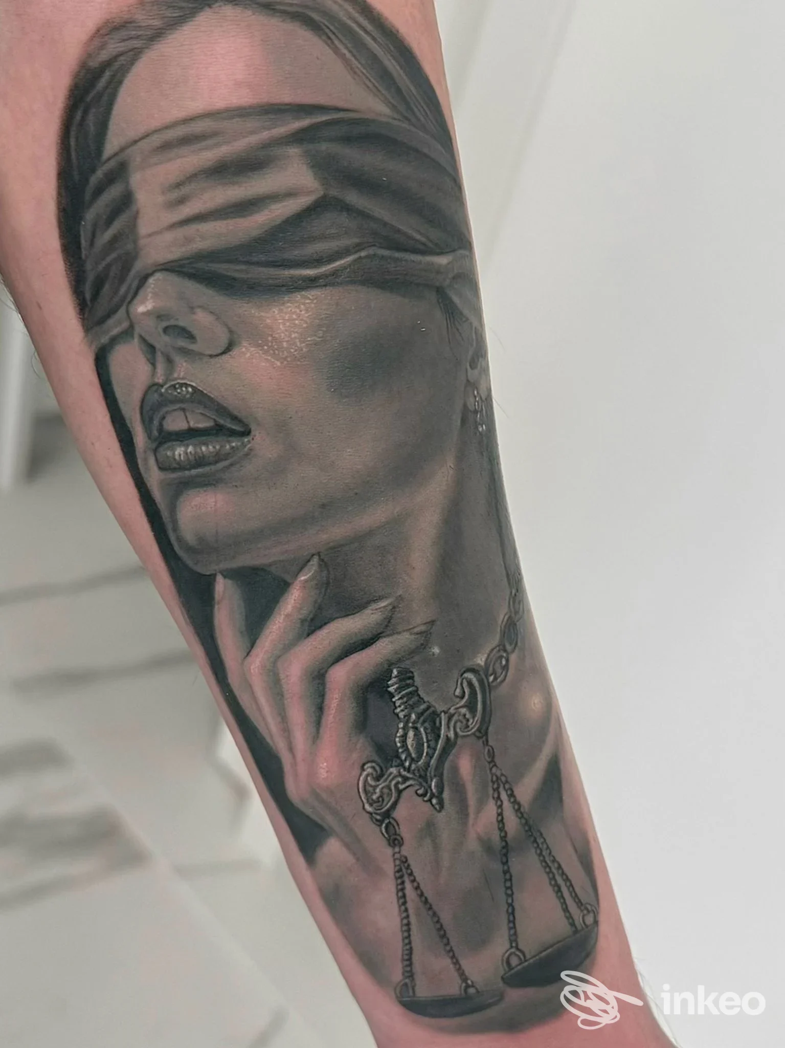 Tatuaggio realistico in bianco e nero su avambraccio raffigurante volto bendato e bilancia, opera di Ink&Beauty Tattoo a Policoro.