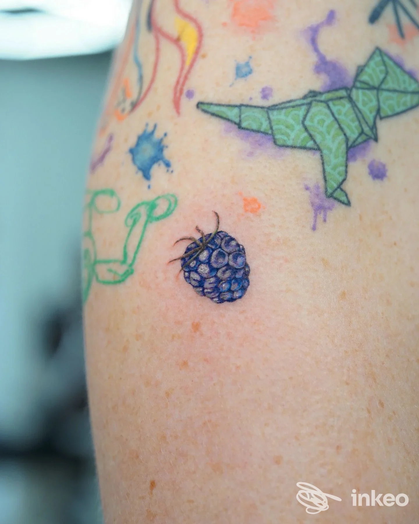 Piccolo tatuaggio a colori con una mora e varie figure su avambraccio. PALM HOUSE, Asti.