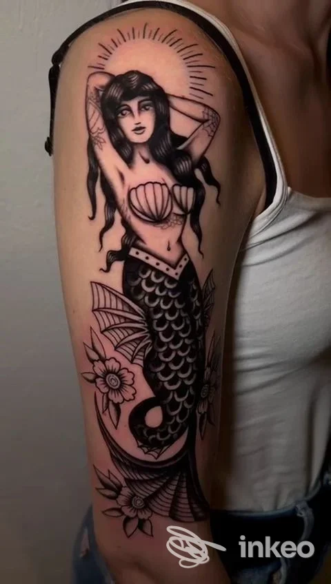 Grande tatuaggio nero di sirena sul braccio superiore, foto dello studio InkSide a Cuneo che mostra il lavoro sulla pelle.