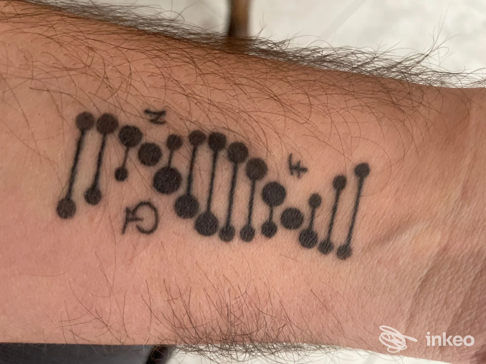 Tatuaggio nero a punti e linee sul polso di un avambraccio, foto del portfolio di The Biglia's Family a Santa Maria di Licodia.