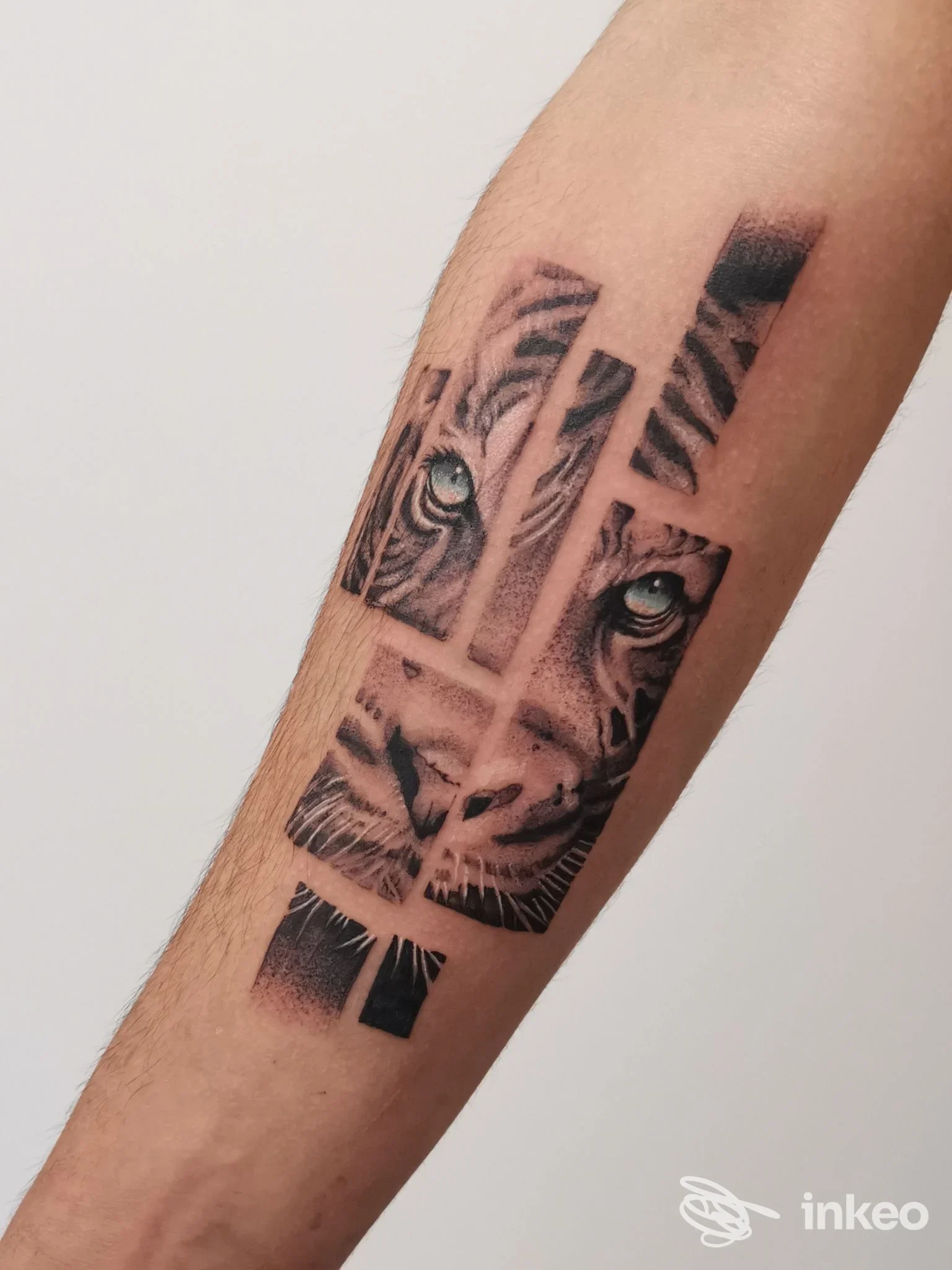 Primo piano di un antebraccio con tatuaggio a strisce che ricostruisce il volto di una tigre, foto per INTOSTREET - ink & beauty TATTOO STUDIO, Montescaglioso.