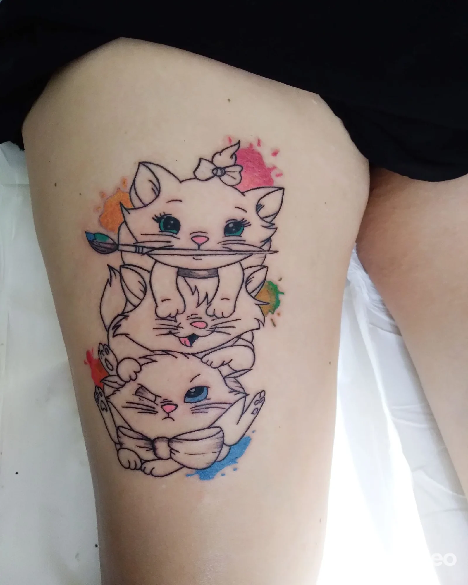 Tatuaggio su coscia con tre gattini impilati in stile cartone, STUDIO REVIVAL TATTOO E PIERCING Marco Rossi, San Felice Circeo.
