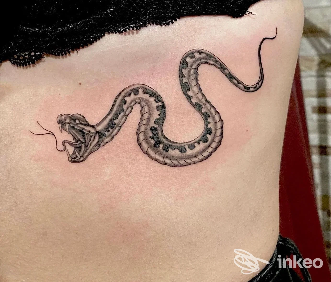 Tatuaggio serpente in nero e grigio sul fianco, foto del lavoro di Mattia Draw Negro a Lecce.
