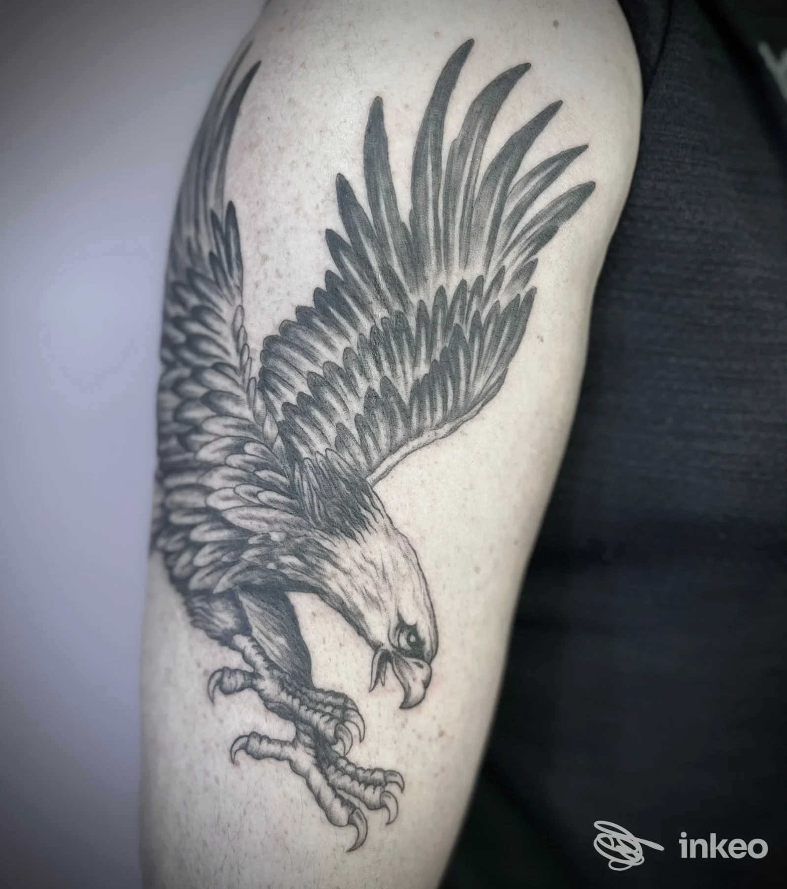 Tatuaggio di un'aquila in nero e grigio sul braccio superiore, foto fornita da Smartattoo di Marta Barbiani, Bologna.