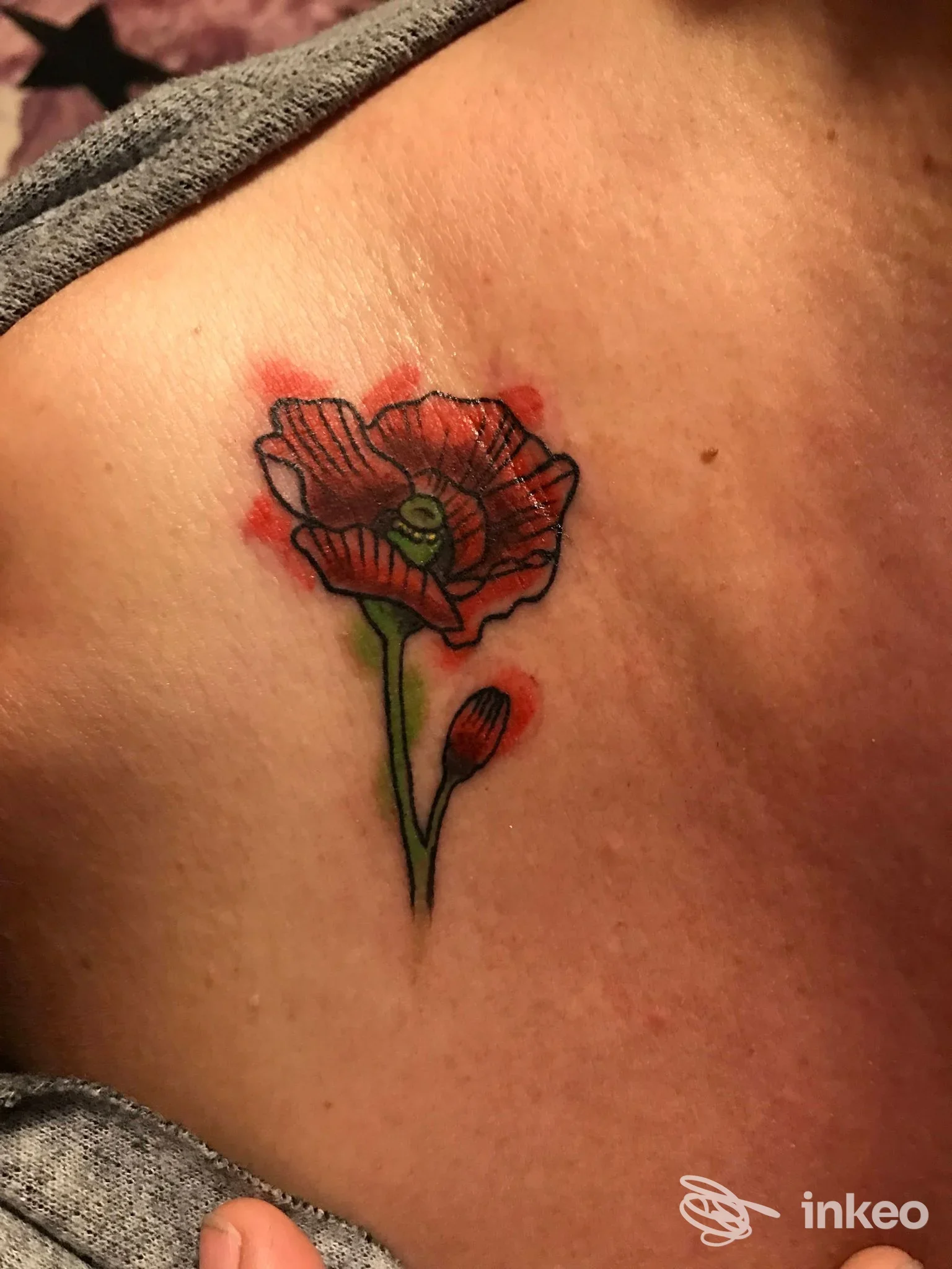 Tatuaggio di papavero rosso su petto/clavicola, foto ravvicinata fornita da VentoForato Imperia.