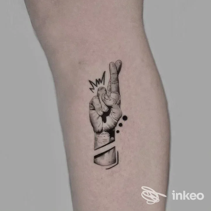 Tatuaggio sul polpaccio/avambraccio raffigurante una mano con dita incrociate in stile blackwork e sfumature grigie, eseguito da Sartoria dell’Inchiostro a Verona.