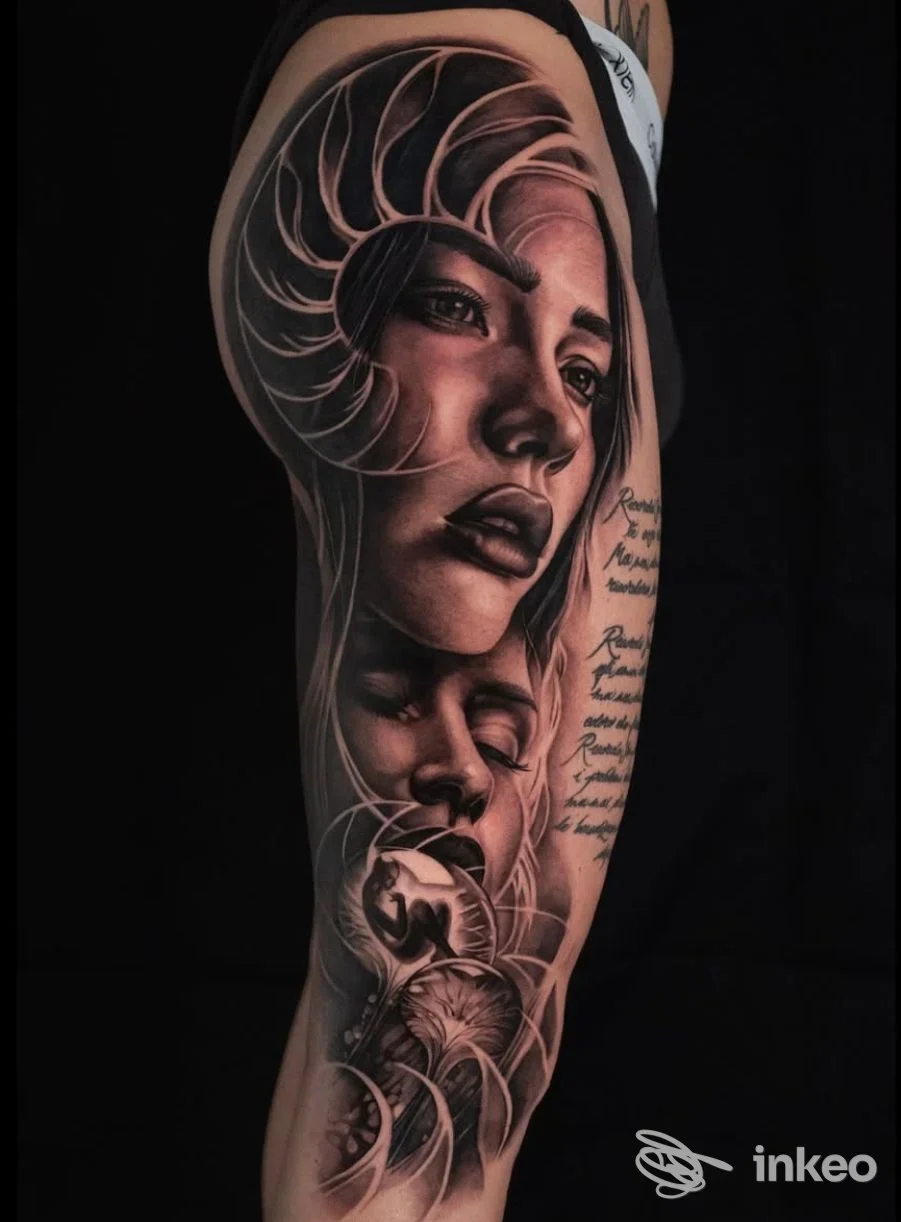 Tatuaggio a mezza manica sull'omero con volti realistici e dettagli bianchi e neri, Immortale Tattoo, Potenza.