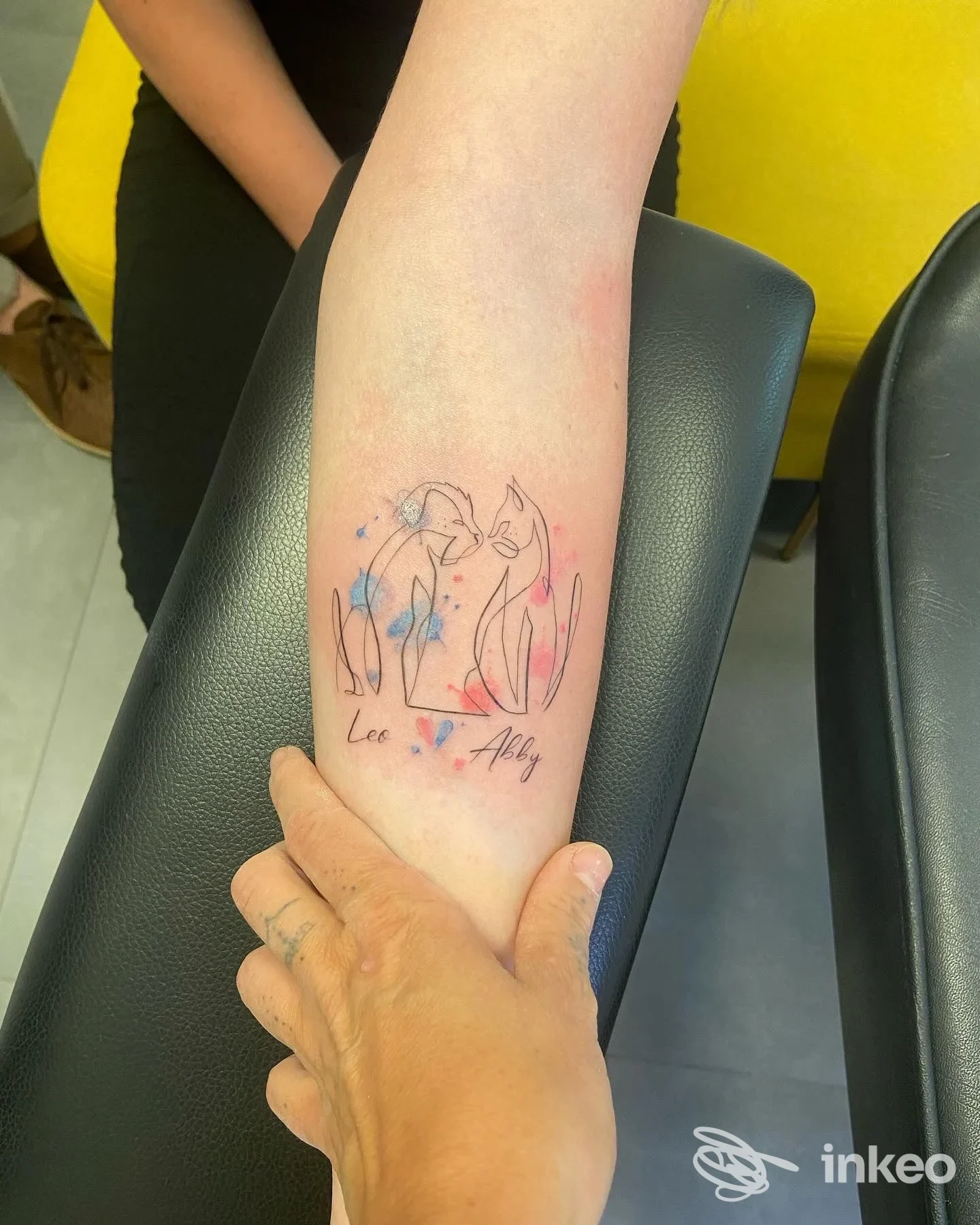 Tatuaggio stilizzato di due gatti sull'avambraccio con tocchi acquerello, realizzato nello studio nanArt a Vieste.