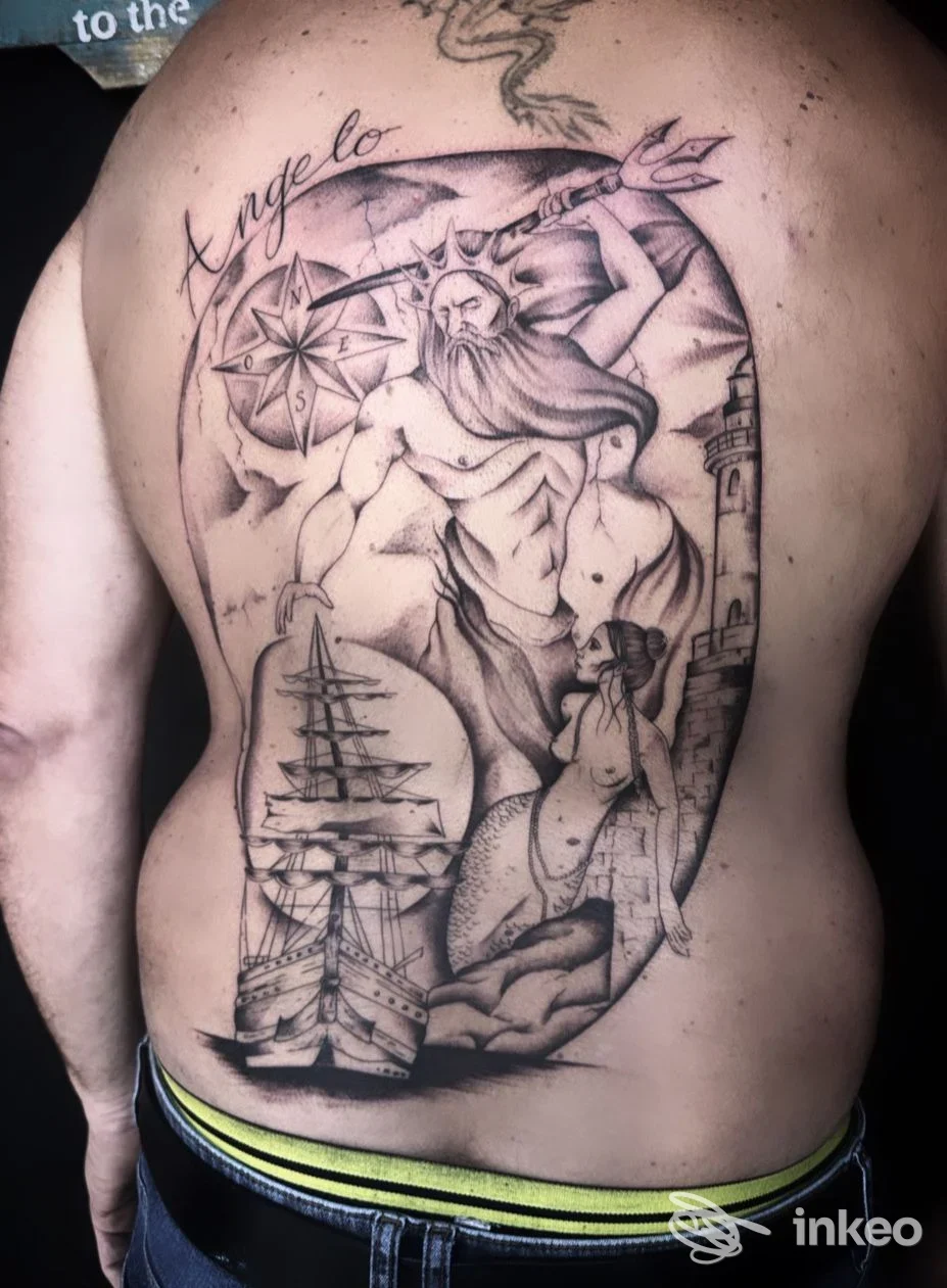 Grande tatuaggio black and grey sulla schiena realizzato da JAELLOO la bottega del tatuaggio a Licata, raffigurante figura mitologica, nave e sirena.