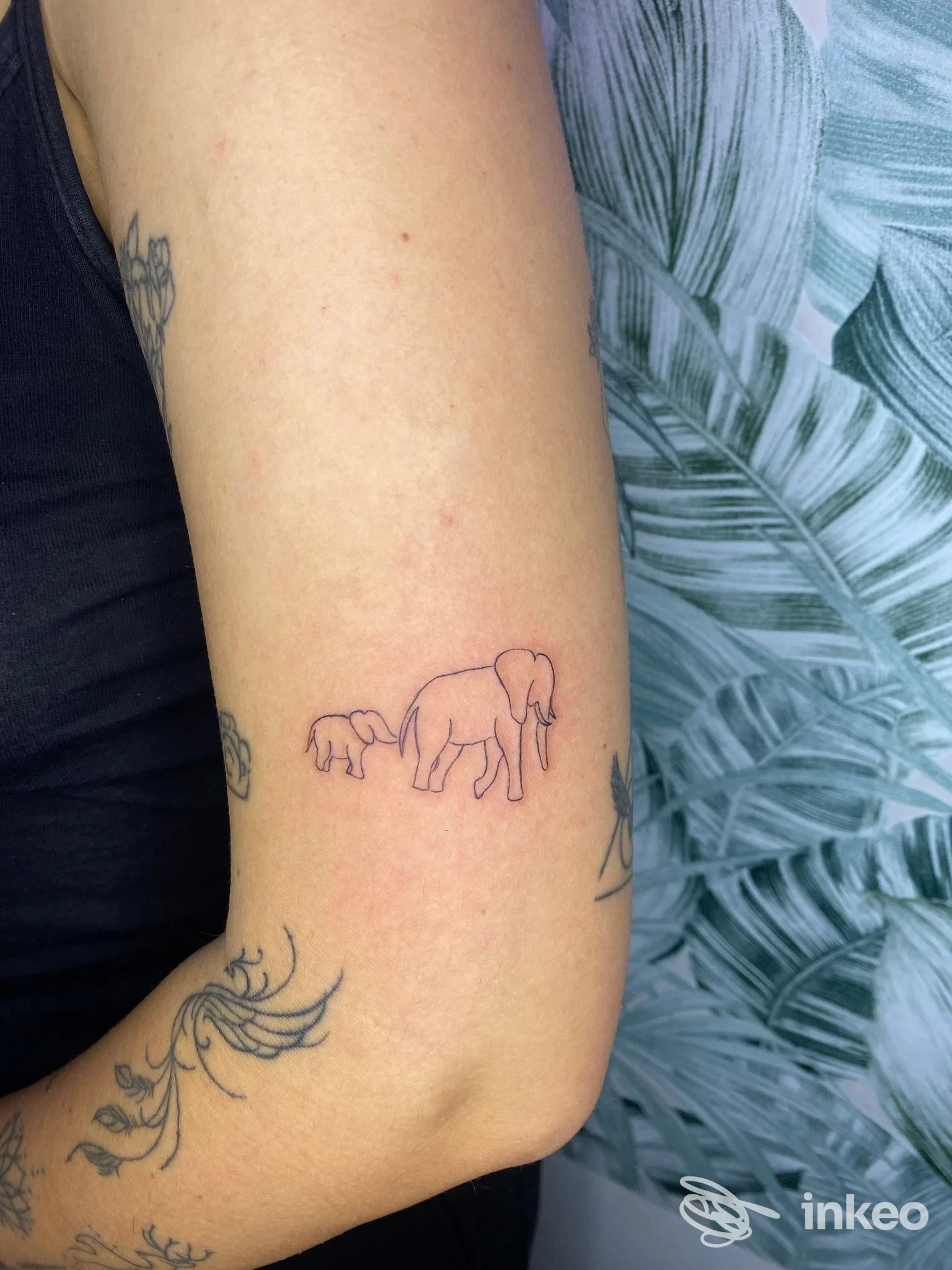 Piccolo tatuaggio a linee di due elefanti sull'avambraccio interno, foto fornita da WhyNot_Ink a Castel d'Azzano.