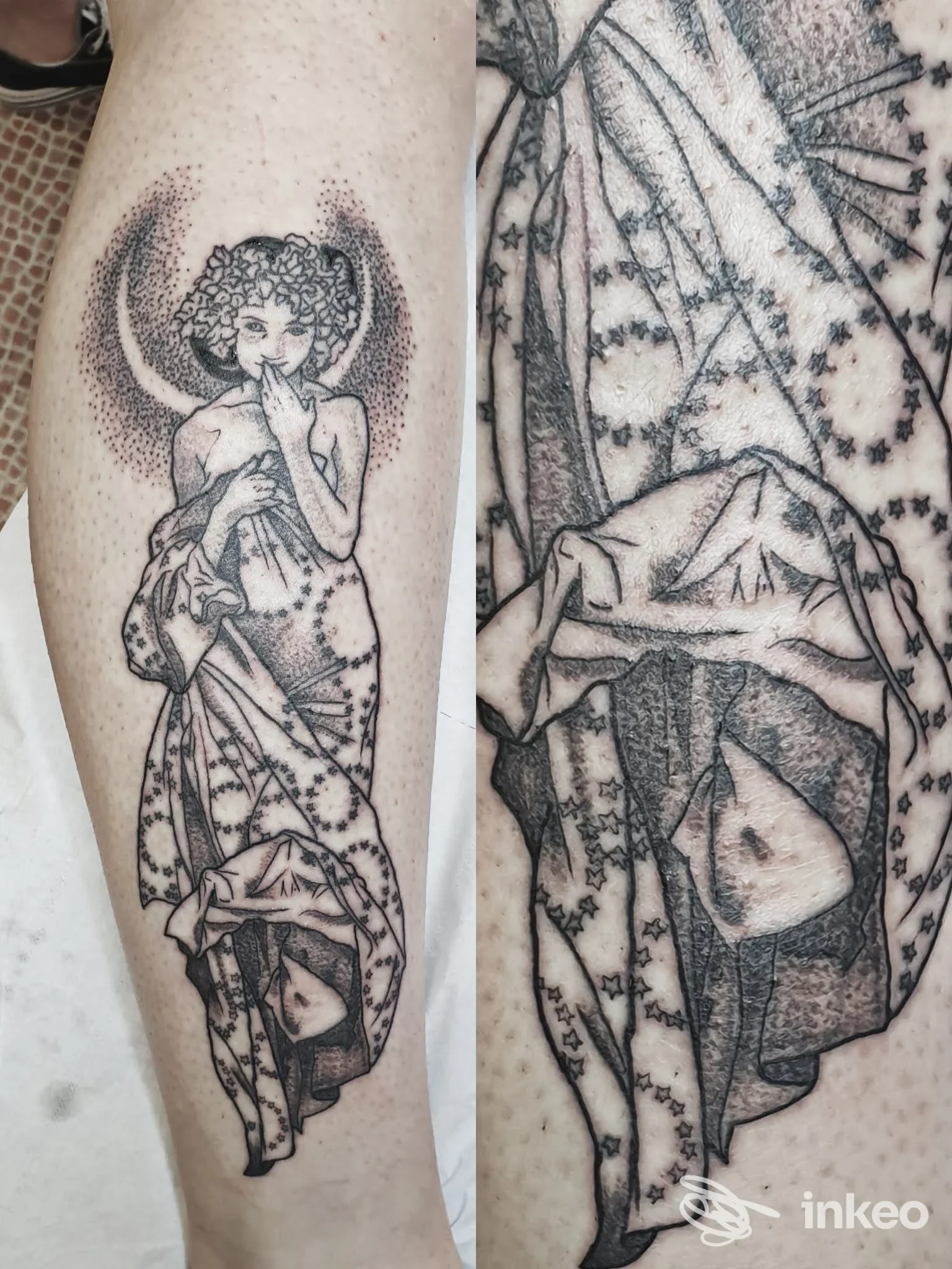 Tatuaggio in bianco e nero su avambraccio raffigurante una figura femminile stilizzata con linework e dotwork. Mystica Body Art Studio, Gattinara.