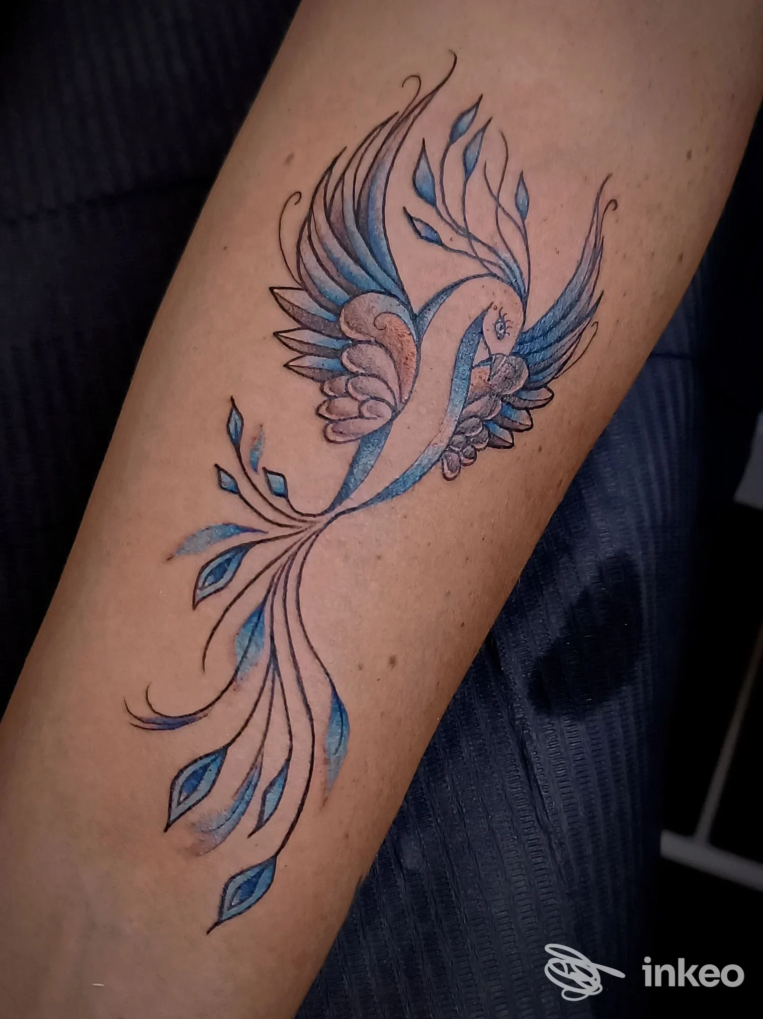Tatuaggio stilizzato di uccello blu sull'avambraccio, foto fornita da Mystica Body Art Studio, Gattinara.