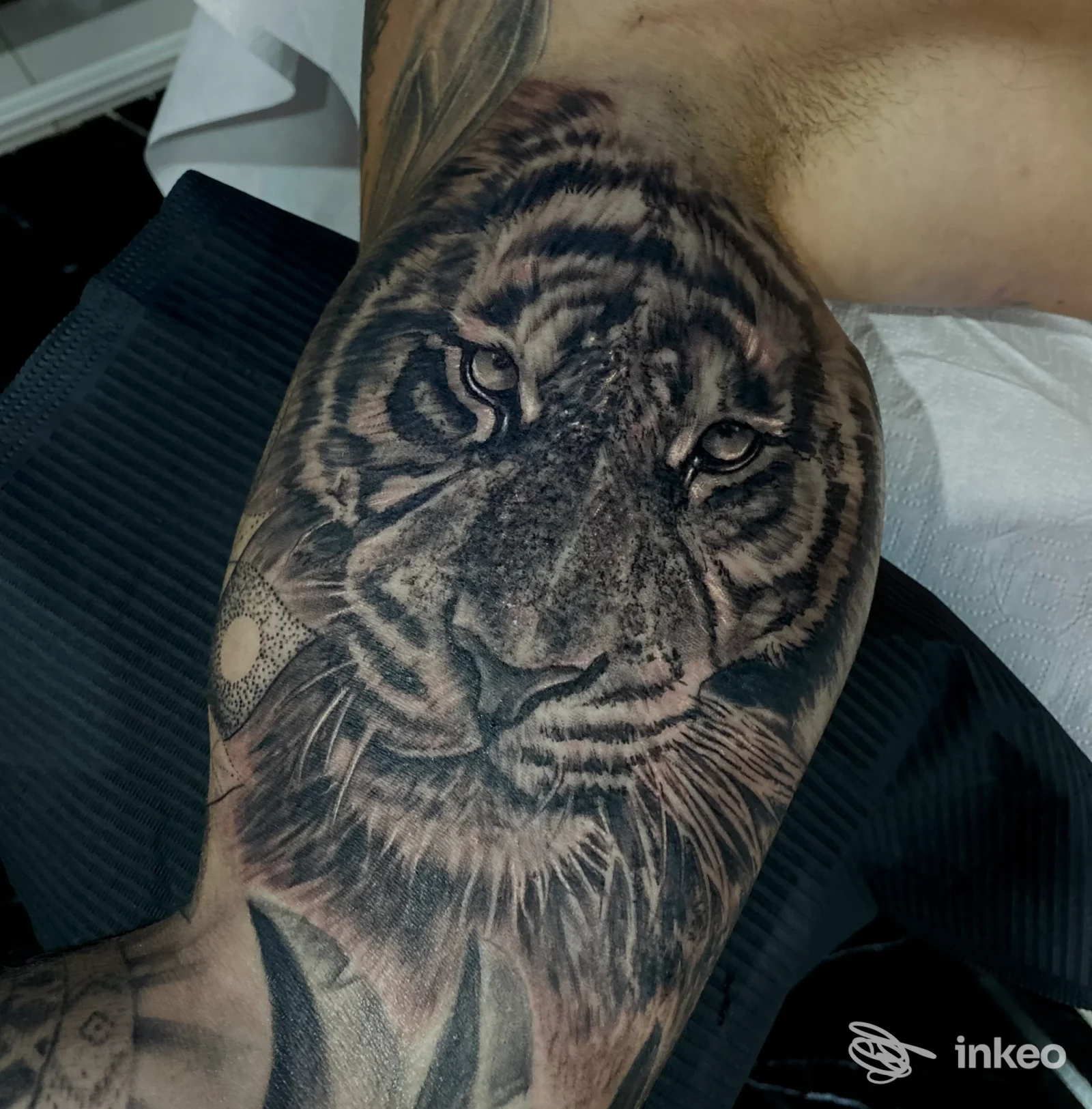 Grande tatuaggio realistico di una testa di tigre sulla spalla/parte superiore del braccio, foto fornita da ADRENAL INK - Mesagne.
