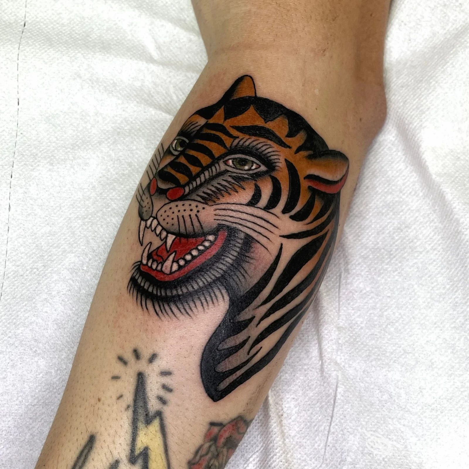 Tatuaggio della testa di una tigre sull'avambraccio, eseguito da Calipso Tattoo Studio a Viterbo.