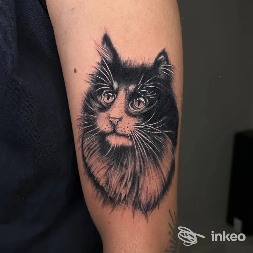 Tatuaggio realistico black & grey della testa di un gatto sull'avambraccio, foto fornita da TEN RIVERS TATTOO, Quarrata.
