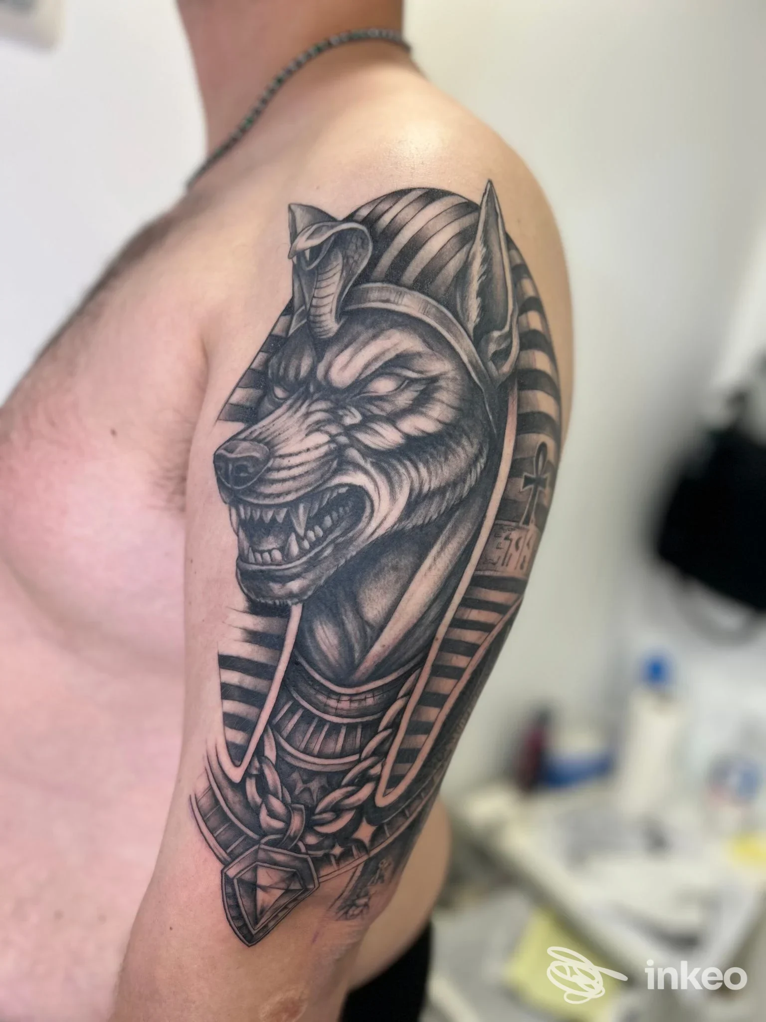 Spalla e braccio con tatuaggio raffigurante Anubi stilizzato in bianco e nero. LEON TATTOO STUDIO, Bari.