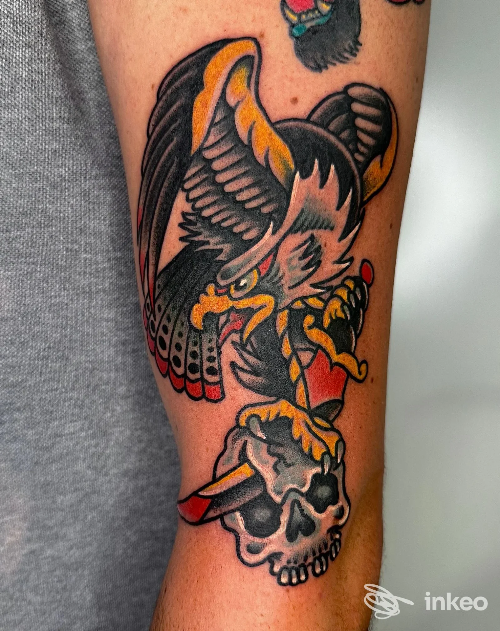 Tatuaggio tradizionale su avambraccio: aquila che afferra un teschio. Super Faust Tattoo, Verona.