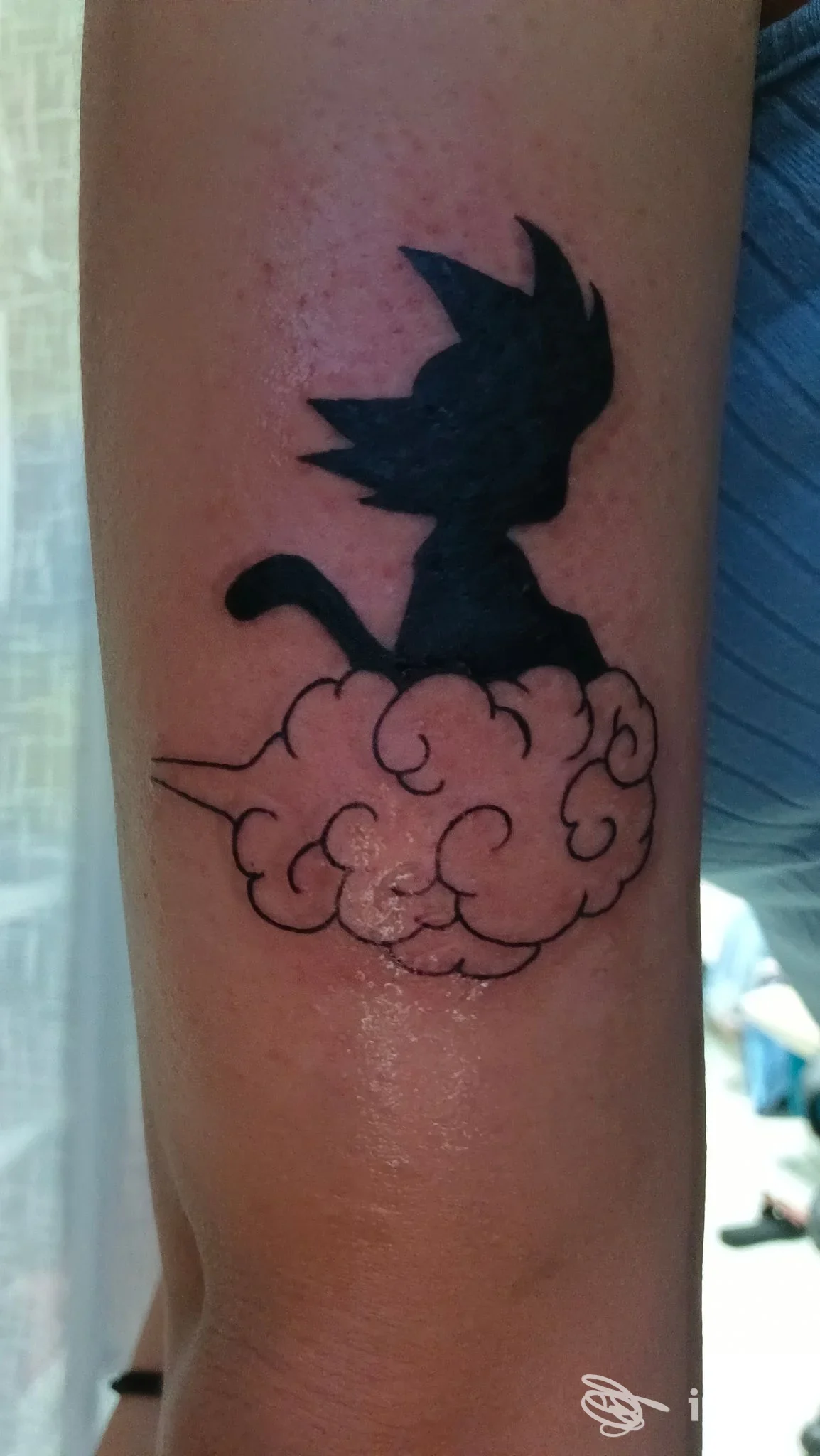 Tatuaggio a silhouette nera su nuvola sull'avambraccio, foto fornita da Giulio Crolla Tattoo Studio, Santi Cosma e Damiano.