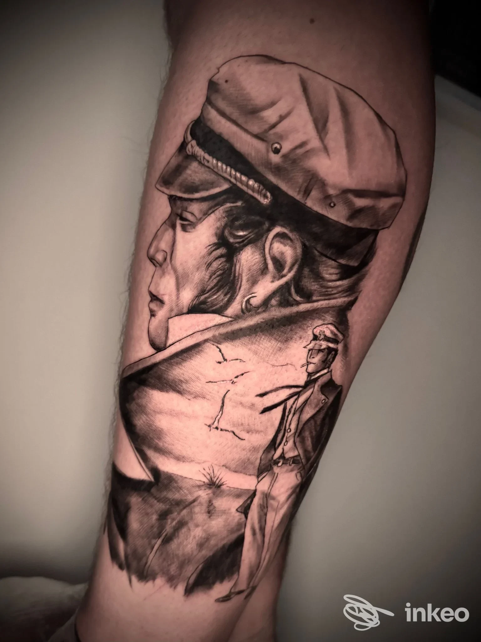 Tatuaggio black & grey su avambraccio raffigurante profilo e figura maschile, foto fornita da INK TO THE WILD tattoo studio, Tivoli.