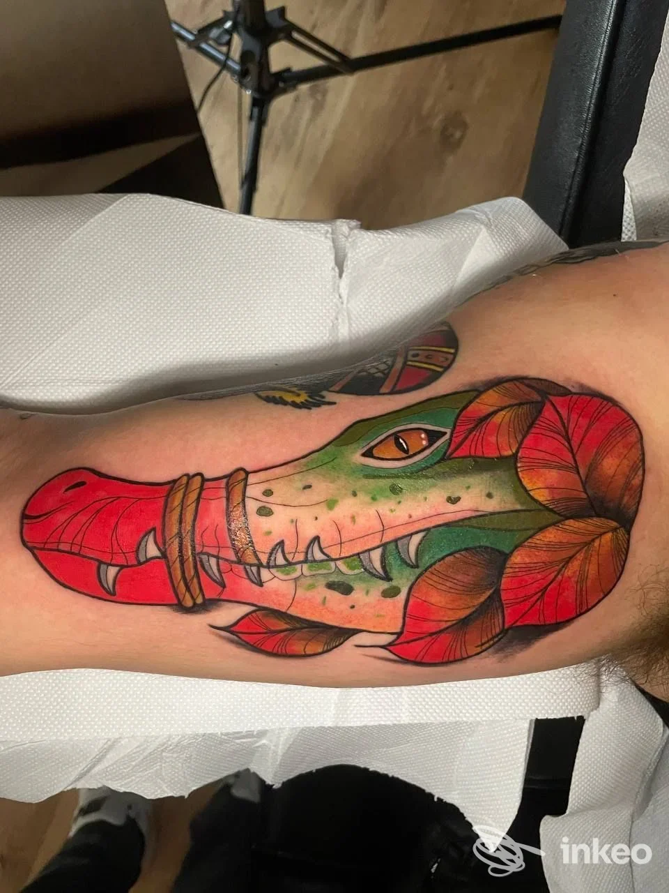 Tatuaggio colorato raffigurante testa di rettile e foglie sull'avambraccio, Good Inside Tattoo, Latina.