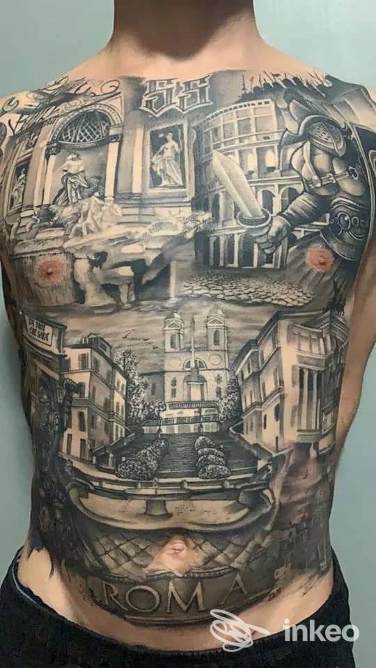 Ampio tatuaggio realistico in bianco e nero su petto e addome, Art Studio Tattoo Di Panta Daniele, Civita Castellana.
