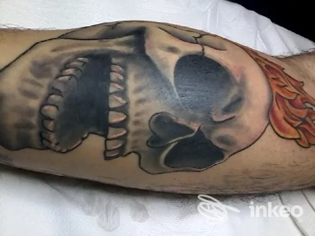 Tatuaggio su avambraccio che raffigura un grande teschio in nero e grigio con fiamme arancioni, immagine per Sons Of Ink, Oria.
