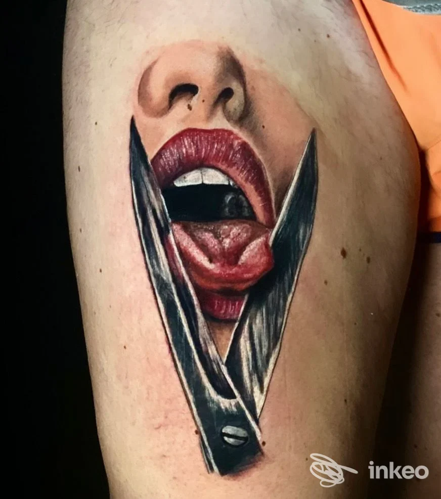 Tatuaggio realistico di bocca con lingua e forbici sulla coscia, Ink Project 29, Palo del Colle.