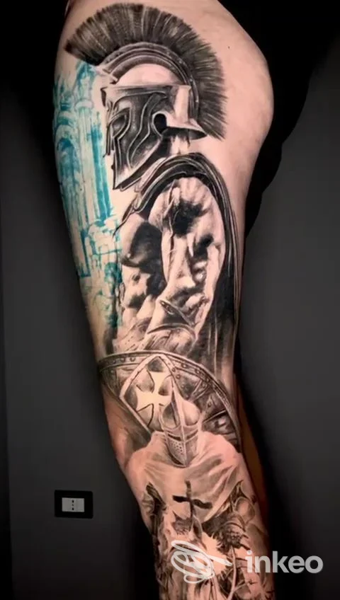 Grande tatuaggio realistico su coscia raffigurante guerrieri, Mauro Petri Tattoo Studio, Brindisi.