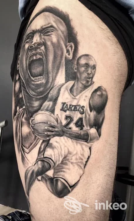 Tatuaggio realistico in bianco e nero su coscia raffigurante ritratti sportivi (The art of Leonardo Meschini - Civita Castellana).