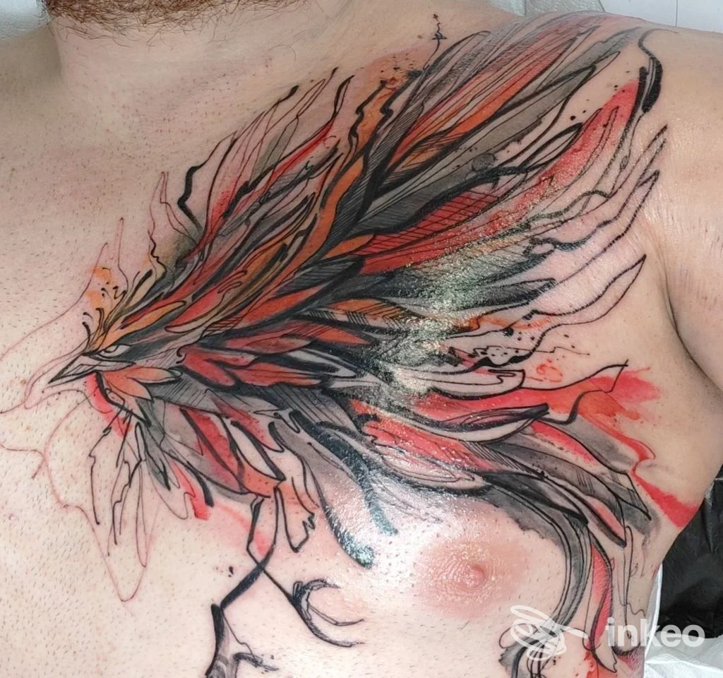 Tatuaggio colorato sul torace realizzato da Joint Art Boutique, Piove di Sacco: composizione fluida con pennellate nere e rosse sul petto.