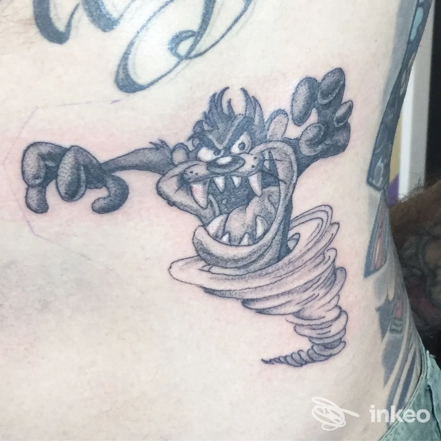 Tatuaggio cartoon di Taz sul fianco, Shangri-La, Genova.