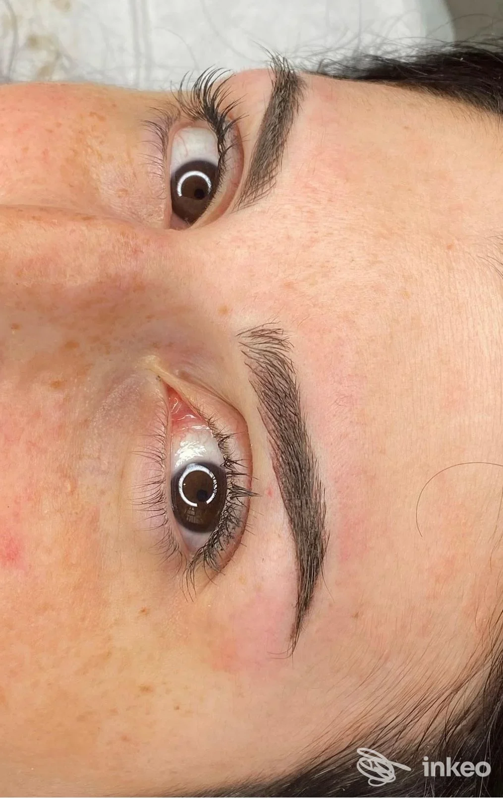 Primo piano di sopracciglia micropigmentate dopo trattamento, foto inviata da Greta beauty e microblading, Omegna.