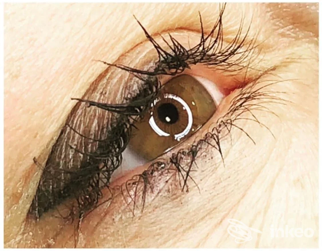 Primo piano di trucco permanente eyeliner eseguito da RAMONA CAILEAN Maison a Catania sulla palpebra superiore.