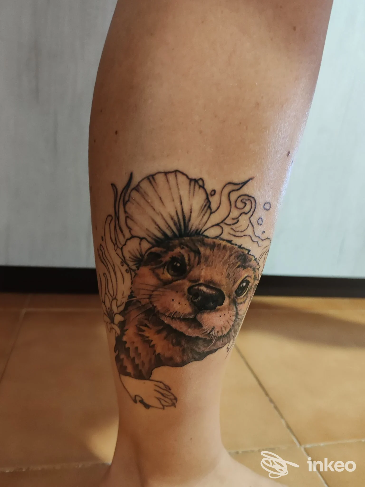 Tatuaggio di una lontra sul polpaccio, realizzato da InkMyArt a Guidonia Montecelio.
