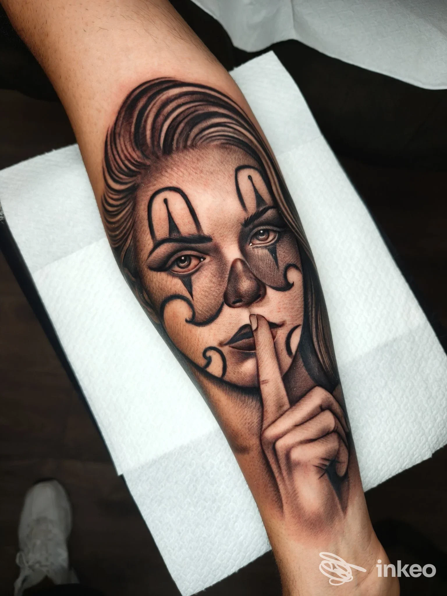 Tatuaggio realista in bianco e nero su avambraccio: volto femminile con trucco da clown e dito sulle labbra. Ink for mind tattoo & barber, Ladispoli.