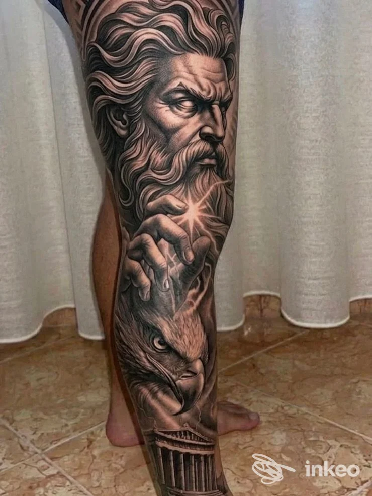 Tatuaggio a gamba completa con figura mitologica e aquila, studio Mattia Palmitesta a Grottammare.