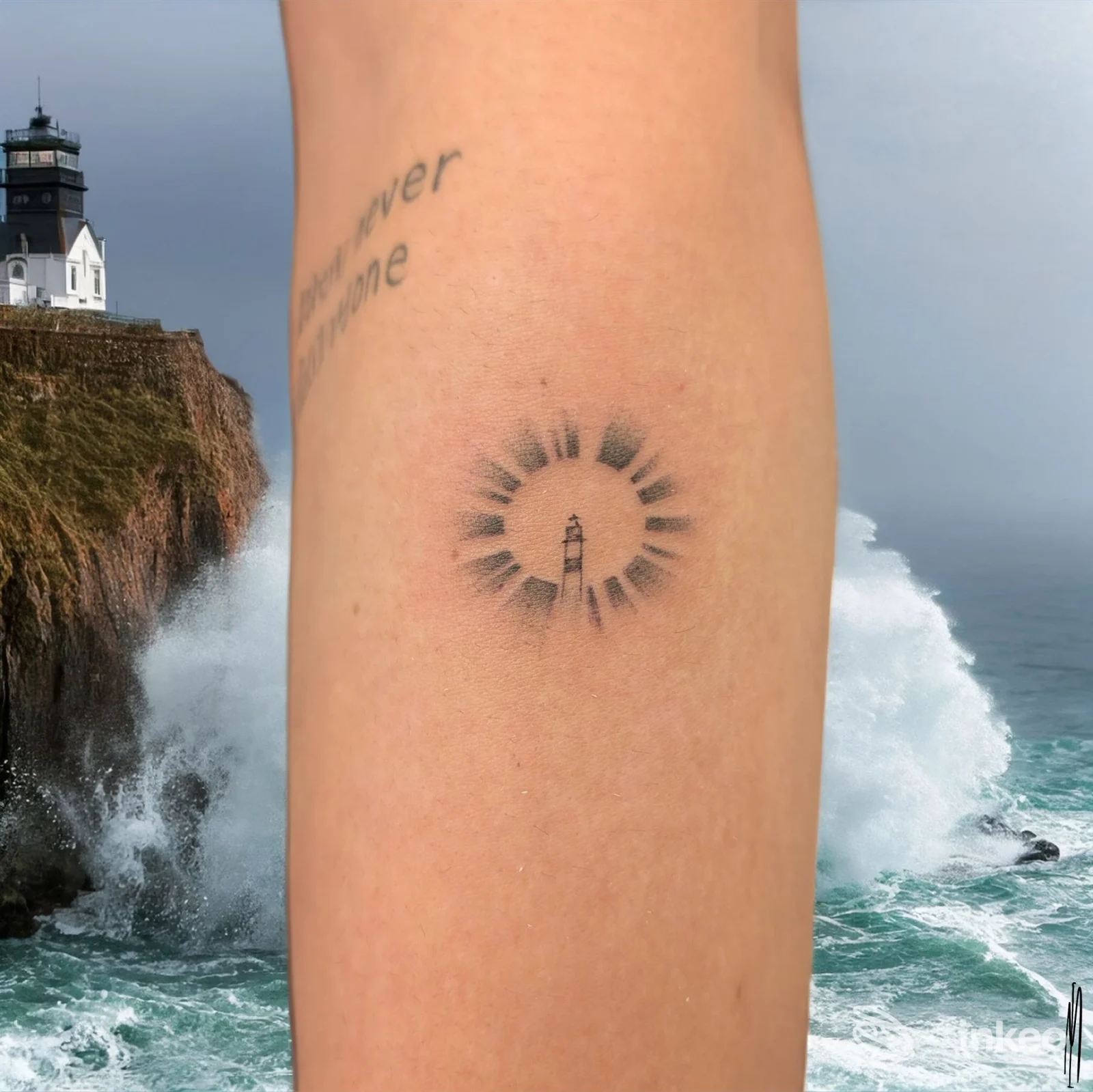 Avambraccio con piccolo tatuaggio di un faro circondato da raggi, foto fornita da Pink Estetica&Tattoo, Firenze.