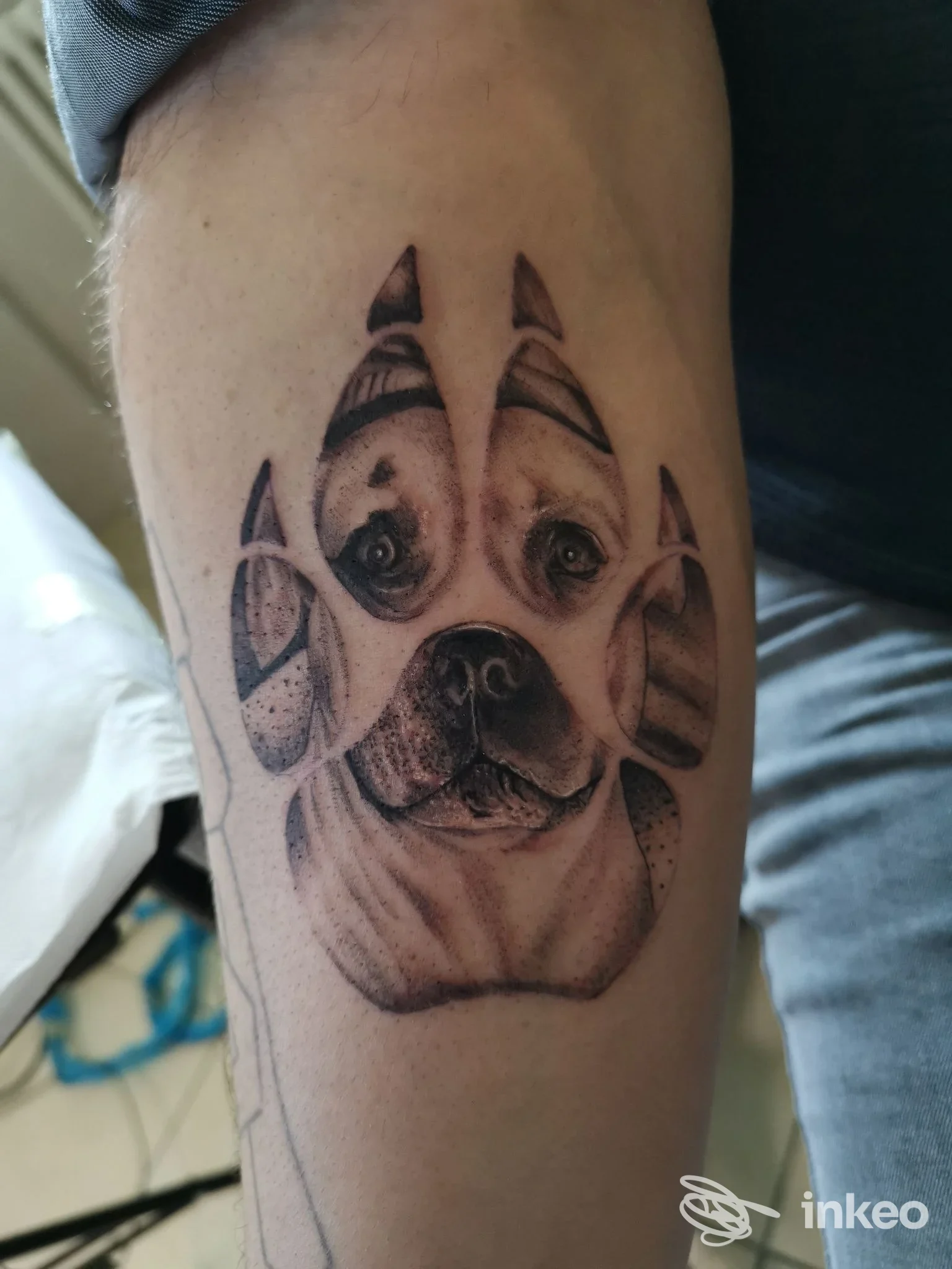 Tatuaggio in bianco e nero raffigurante il muso di un cane sull'avambraccio. Erion Tattoo, Ripi.