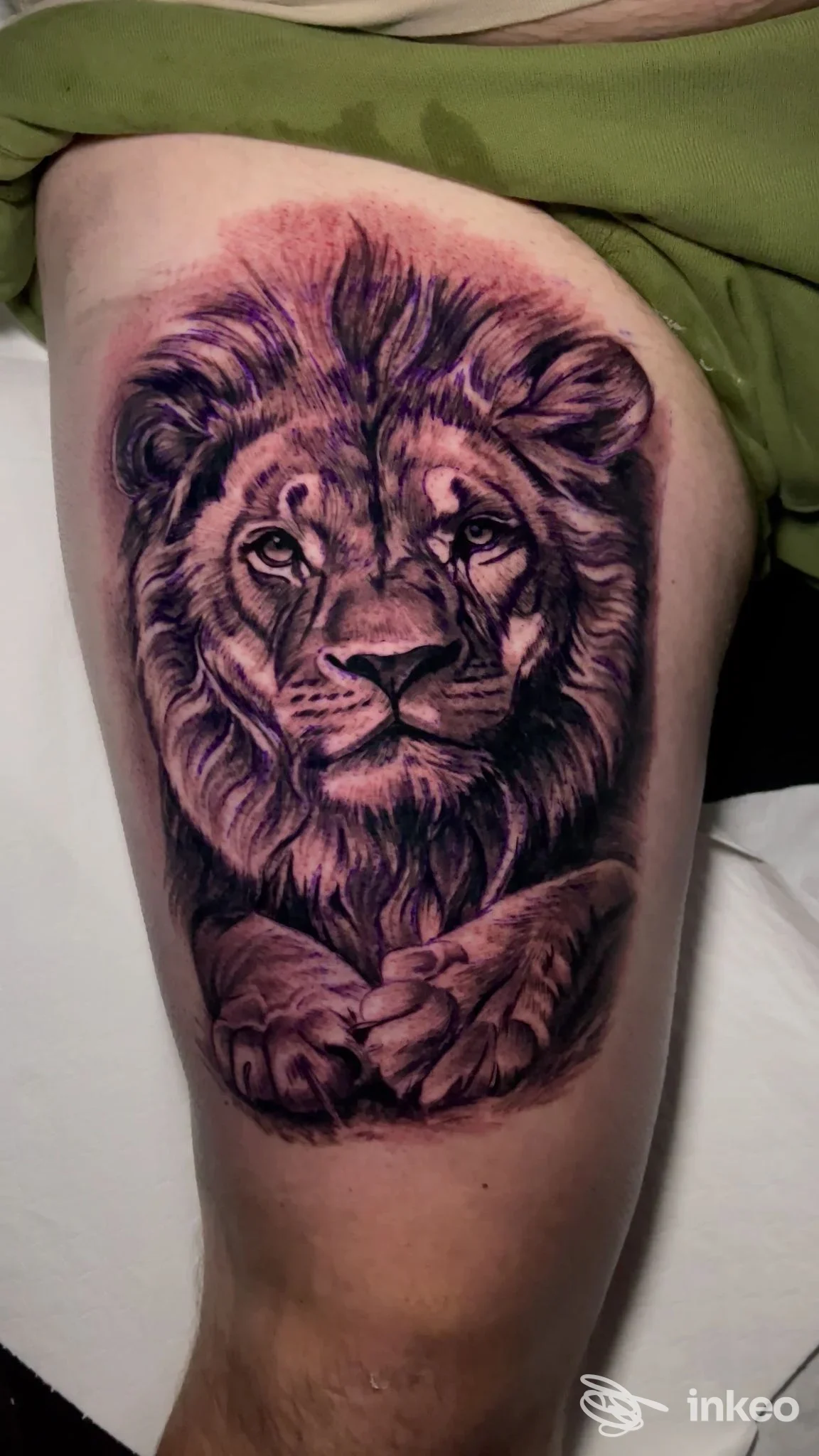 Tatuaggio realistico di un leone sulla coscia, lavoro fotografato presso Ruthless Ink, Ancona.