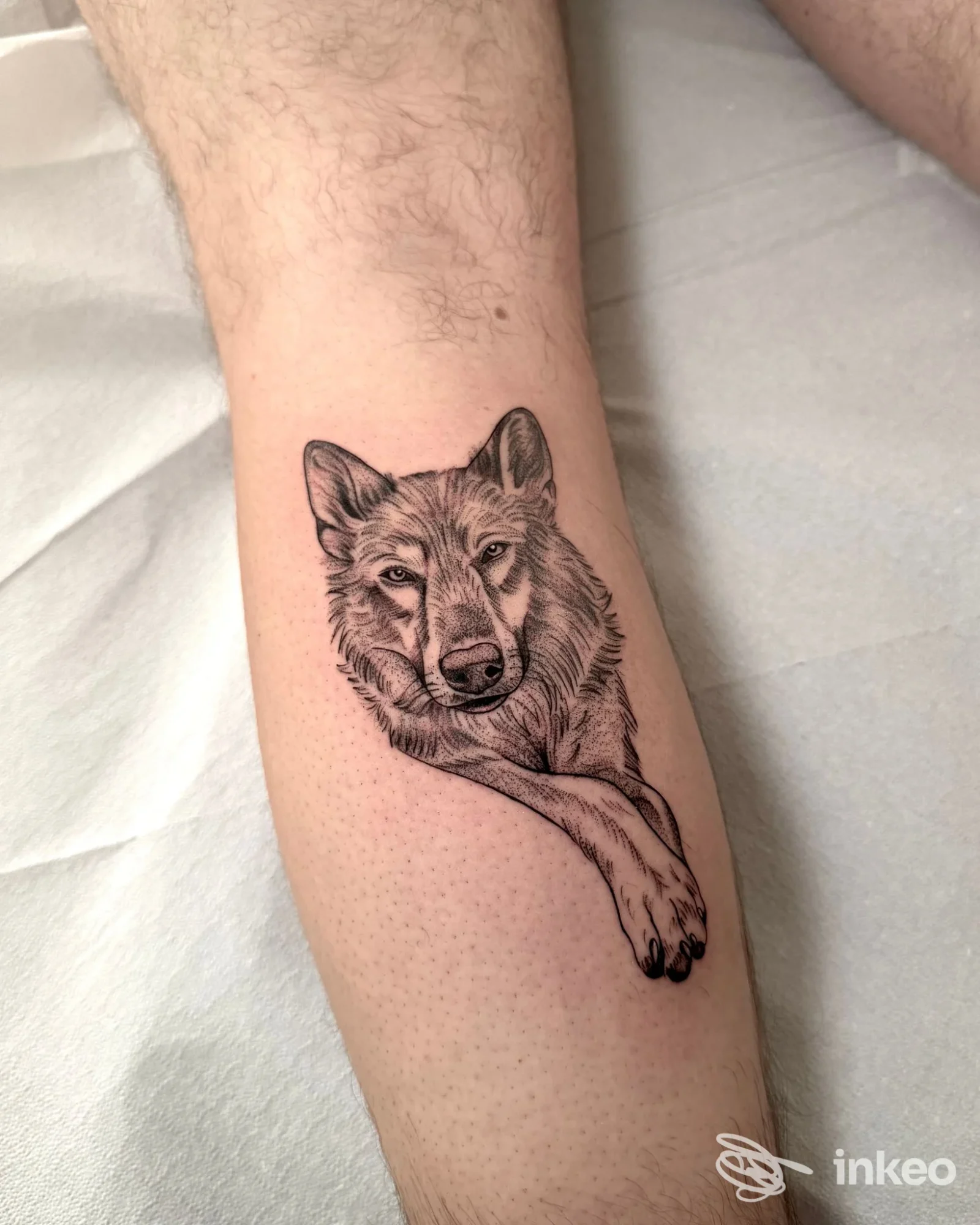 Tatuaggio realistico di un lupo in nero e grigio sul polpaccio, realizzato da Black Queen Tattoo a Oderzo.