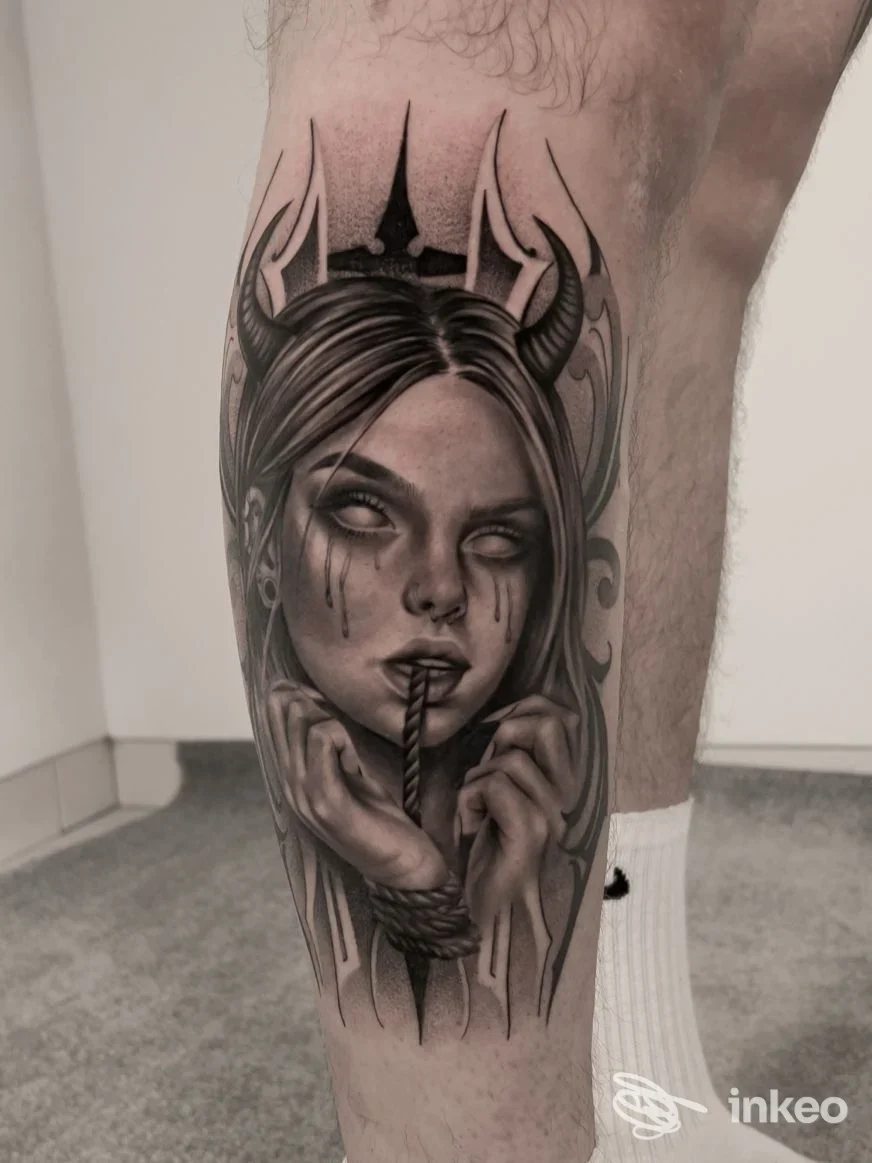 Tatuaggio black & grey sul polpaccio realizzato da Gate of Ink, Bressanone: volto femminile stilizzato con corde e dettagli realistici.