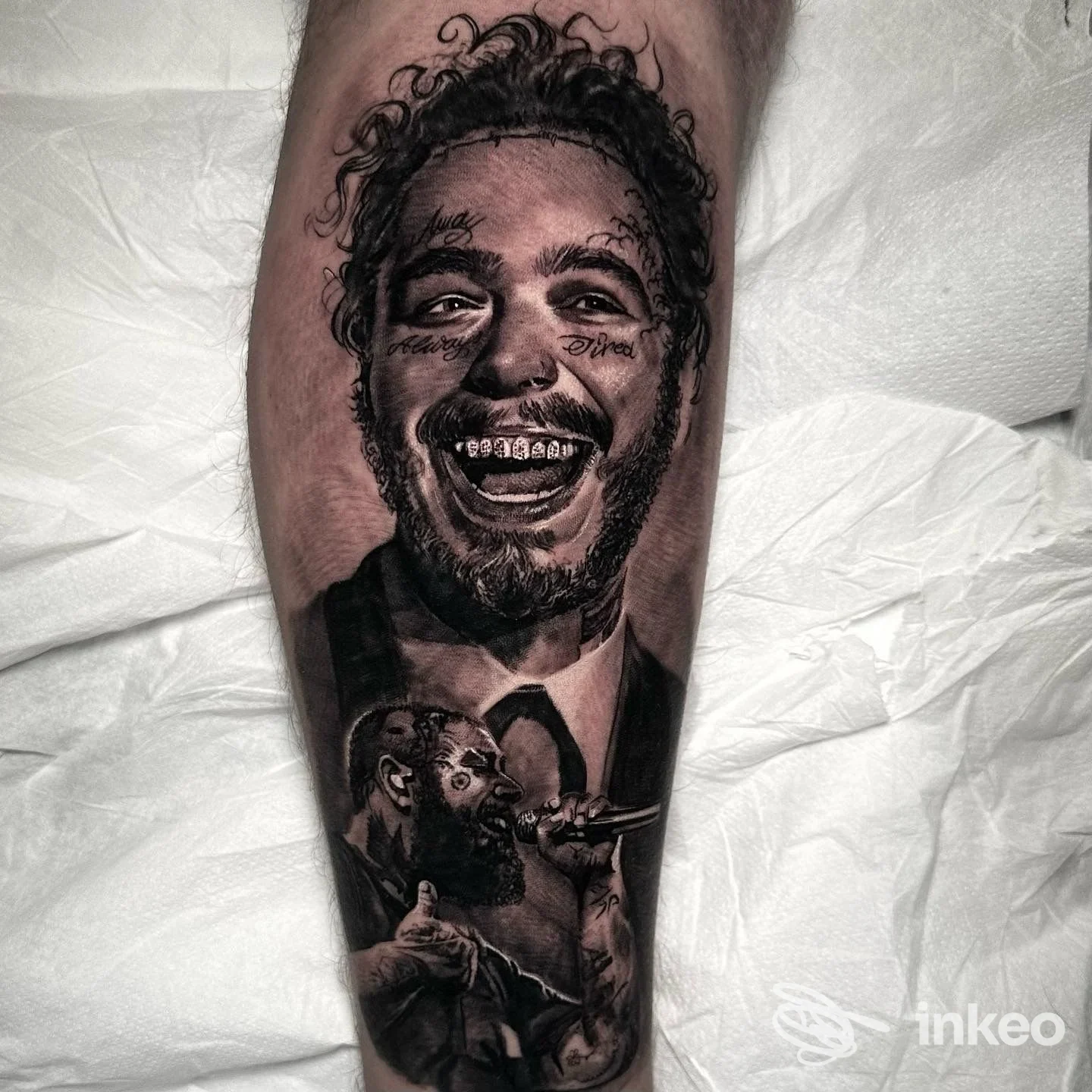 Tatuaggio realistico a ritratto sul polpaccio, opera eseguita da Red Ink Tattoo studio di Di Silvio Alessio a Lariano.