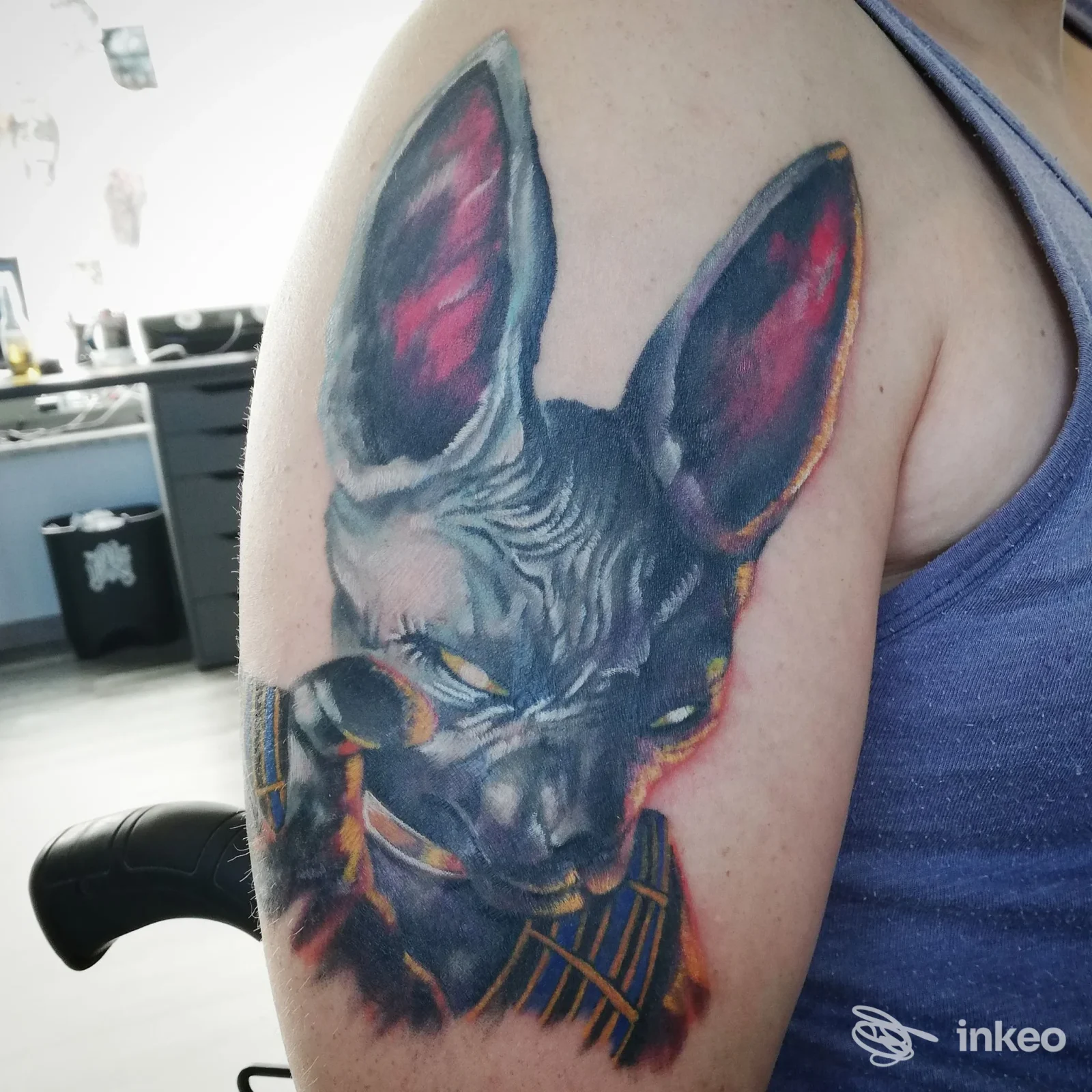 Tatuaggio visibile sul braccio di una persona: raffigurazione di un animale con grandi orecchie, colori scuri con dettagli in tonalità arancione/rossiccio.